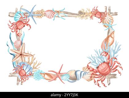 Krabben, Muscheln mit Korallen und Algen mit Sternenfischen. Horizontaler Rahmen. Handgezeichnete Aquarellillustration isoliert. Marineband mit Kopierraum Stockfoto