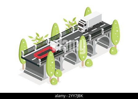 Isometrische Umrissbrücke mit Tieflader. Vektorabbildung. Straßensymbol. Städtische Infrastruktur. Autobahnbrücke. Bäume in Reihe. Autos fahren. Stock Vektor