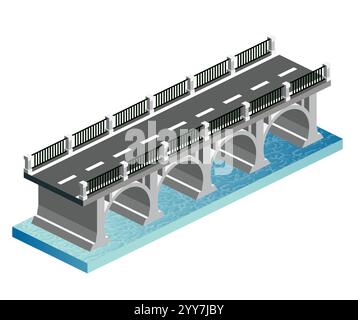 Isometrische Brücke mit Bögen und Wasser. Vektorabbildung. Straßensymbol. Städtische Infrastruktur. Autobahnbrücke. Einzelnes Objekt. Stock Vektor