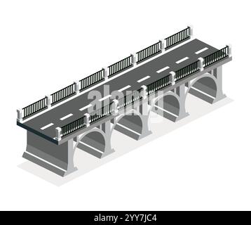 Isometrische Brücke mit Bögen. Vektorabbildung. Straßensymbol. Städtische Infrastruktur. Autobahnbrücke. Einzelnes Objekt. Stock Vektor