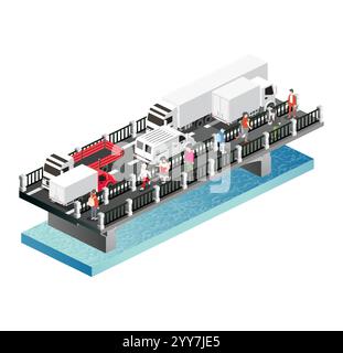 Isometrie Brücke mit Lkw, Transportern und Fußgängern. Vektorabbildung. Straßensymbol. Städtische Infrastruktur. Autobahnbrücke. Autos, die auf einer Brücke fahren. Stock Vektor