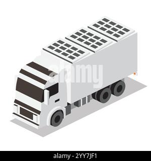Isometrischer Lieferwagen mit Solarpaneelen auf dem Dach. Automobil mit erneuerbarer Sonnenenergie. Elektrofahrzeug mit Photovoltaik-Elementen. Hybridfahrzeug. Stock Vektor
