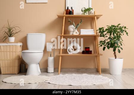 Innenseite der Toilette mit Toilettenschüssel, Regalschrank und Wäschekorb Stockfoto