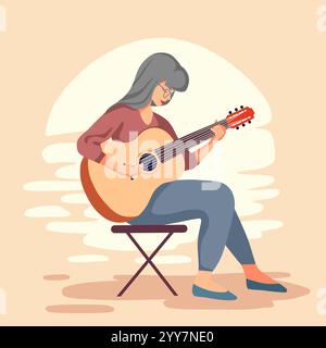 Vektor-flache Illustration einer alten Frau, die bei Sonnenuntergang Gitarre spielt, in warmen Farben. Hobbys und angenehmer Zeitvertreib für Rentner. Rentnerarbeit Stock Vektor