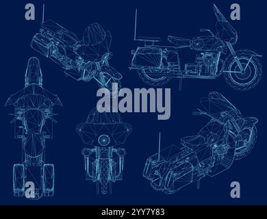 Drahtmodell-Vektorsatz für Motorräder. Sport Bikes Choppers Straße Zweirad Motor schnell Fahrzeug Illustration isoliert auf blauem Hintergrund Stock Vektor
