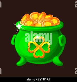 Grüner Topf voller goldener Münzen mit Kleeblatt - traditionelles Symbol des St. Patrick Day im Cartoon-Stil. Kessel mit Glücksmünzensymbol für Spiel, Spielautomat Stock Vektor