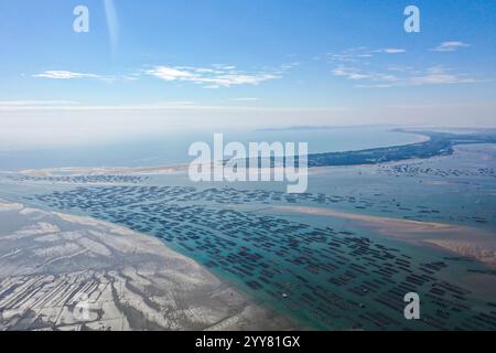 (241220) -- DONGXING, 20. Dezember 2024 (Xinhua) -- ein am 16. Dezember 2024 aufgenommenes Luftdrohnenfoto zeigt eine Marinestanch in Dongxing, der südchinesischen Autonomen Region Guangxi Zhuang. Die ethnische Gruppe der Jing ist die einzige maritime ethnische Gruppe in China, wobei die meisten ihrer Mitglieder auf den drei Inseln vor der Küste von Dongxing in Guangxi an Vietnam angrenzenden Grenzregionen leben. Als eine der kleinsten Minderheitengruppen Chinas sind die Jing derzeit weniger als 30.000. In der Vergangenheit verließen sich die Jing-Leute vollständig auf die traditionelle Fischerei, um ihren Lebensunterhalt zu verdienen. Im Gegensatz dazu hat das Volk der Jing jetzt das Ocean-Oriented de erobert Stockfoto