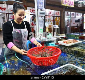 (241220) -- DONGXING, 20. Dezember 2024 (Xinhua) -- Ein Verkäufer bereitet sich darauf vor, Meeresfrüchte für Kunden auf einem Fischmarkt in Dongxing, südchinesischer Autonomen Region Guangxi Zhuang, am 10. Dezember 2024 zu verpacken. Die ethnische Gruppe der Jing ist die einzige maritime ethnische Gruppe in China, wobei die meisten ihrer Mitglieder auf den drei Inseln vor der Küste von Dongxing in Guangxi an Vietnam angrenzenden Grenzregionen leben. Als eine der kleinsten Minderheitengruppen Chinas sind die Jing derzeit weniger als 30.000. In der Vergangenheit verließen sich die Jing-Leute vollständig auf die traditionelle Fischerei, um ihren Lebensunterhalt zu verdienen. Im Gegensatz dazu hat das Volk der Jing jetzt gefasst Stockfoto