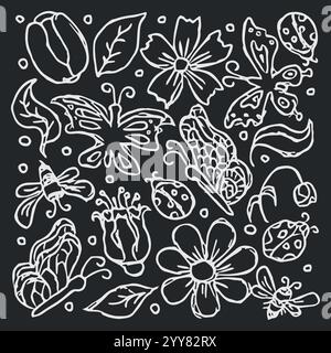 Frühlingsblumen Illustration mit Blumen, Schmetterlingen, Bienen und Marienkäfern. Hintergrund mit Doodle-Blumen Stock Vektor