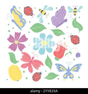 Frühlingsblumen Illustration mit Blumen, Schmetterlingen, Bienen und Marienkäfern. Hintergrund mit Doodle-Blumen Stock Vektor