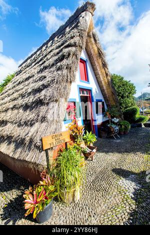 Ein touristischer Park mit alten Häusern im Dorf Santana (Madeira, Portugal) Stockfoto