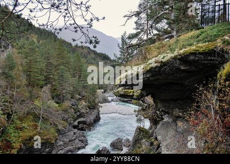 Ein schnell fließender Fluss schlängelt sich durch eine enge Schlucht, die von dichten Bäumen und felsigen Klippen umgeben ist Stockfoto