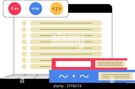 Öffnen Sie Den Laptop Mit Codierungssprachen Und -Büchern In Einer Illustration Mit Flachem Vektor, Die Programmierung, Softwareentwicklung Und Lernen Symbolisiert, Isoliert Auf Weiß Stock Vektor