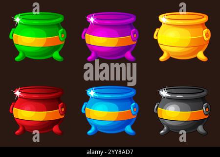 Leere farbige Kessel, traditionelles Symbol des St. Patrick Day oder Halloween im Cartoon-Stil. Kessel-Symbole für Spielsymbol, Slot-Symbol, Grußkarte Stock Vektor