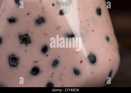 Joghurt mit Heidelbeeren- und Beerengeschmack, Heidelbeerjoghurt mit Scheiben und ganzen Beeren aus nächster Nähe Stockfoto