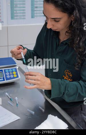 Daphy, vom Pflegepersonal, bereitet Medikamente in Spritzen vor, die an die im israelischen Wildlife H fotografierte Tierwelt im Krankenhaus verabreicht werden sollen Stockfoto