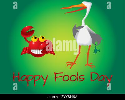 Cartoon einer Krabbe und eines Vogels auf grünem Hintergrund mit den Worten Happy Narols Day. Verspielter Aprilfools Day Humor Happiness Joy Bizarre Event Clips Art Stock Vektor