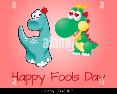 Cartoon eines Dinosauriers und eines Drachen mit Herzen im Gesicht. Der Dinosaurier trägt einen Hut und der Drache lächelt. Verspielter Humor Zum April-Narrentag Stock Vektor