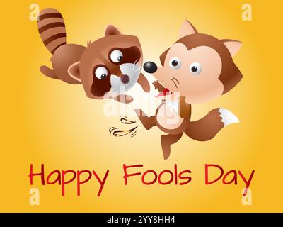 Cartoon eines Waschbären und eines Fuchses mit den Worten Happy Narols Day darunter. Verspielter Aprilfools Day Humor Happiness Joy Bizarre Event Clips Art Stock Vektor