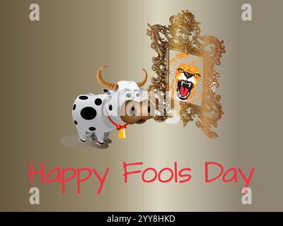 Die Kuh steht vor einem Spiegel mit einem Löwen im Spiegel. Die Kuh lächelt und der Löwe brüllt. Verspielter April-Narrentag Humor Glück J Stock Vektor