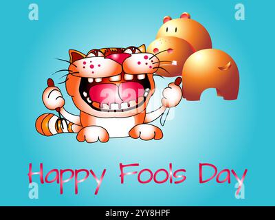 Die Katze grinst und hält ein Messer im Mund. Das Bild trägt den Titel „Happy Narols Day“. Verspielter April-Narrentag Humor Glück Freude bizarres Ereignis C Stock Vektor