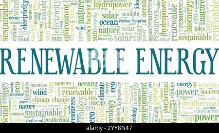 Konzeptdesign für die Wortwolke für erneuerbare Energien isoliert auf weißem Hintergrund. Stock Vektor