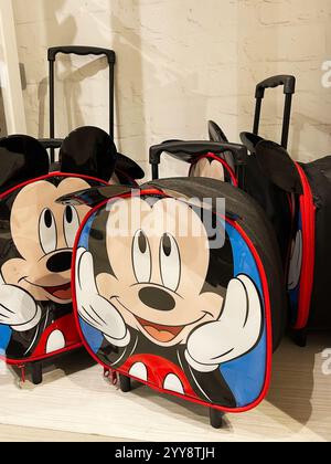 Kiew, Ukraine - 18. Dezember 2024: Farbenfrohe Kinderwagen-Koffer mit erkennbaren Zeichentrickfiguren in einem Geschäft. Stockfoto