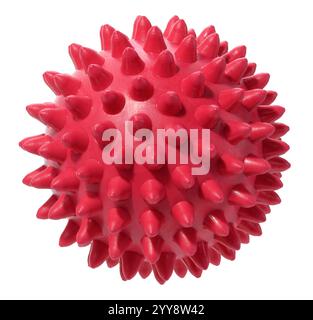 Rote Gummikugel mit Stacheln auf isoliertem Hintergrund. Hundespielzeug. Massageprodukt Stockfoto