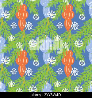 Weihnachtstanne und Tannenzweige mit Dekoration und Spielzeug. Weihnachtsbaum dekoriert. Festliche Weihnachtseiszapfen. Festlicher Neujahrshintergrund, Verpackung Stock Vektor