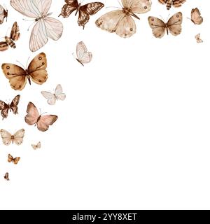 Schmetterlinge sind beige und braune Fliegen und Motten im Vintage-Stil. Handgezeichnete Aquarellillustration. Quadratischer Rahmen, Vorlage auf weißem Hintergrund Stockfoto