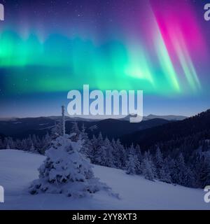 Märchenweihnachtskulisse mit verschneiten Tannen und bunten Polarlichtern am Sternenhimmel. Unglaubliche Nordlichter in den Winterbergen. Aurora Bor Stockfoto