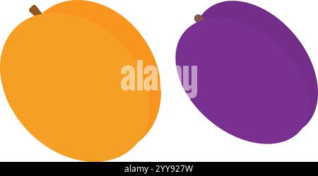 Aprikose und Pflaume in trendigen hellen Farben. Steinfrucht der Saison im minimalistischen Stil mit Designelementen. Isolierte Vektor-Illustration Thematische Karten, gesunde Essensbroschüren, Poster oder Web-Werbebanner Stock Vektor