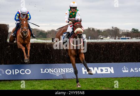 Ascot, Berkshire, Freitag, den 20. Dezember 2024; hier kommen Georgie und Jockey Lee Edwards gewinnen die Limited Handicap Chase der Howden Novices für Trainer Patrick Neville und Besitzer des Hold My Beer Syndicate. Credit JTW equine Images / Alamy Live News Stockfoto