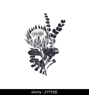 Schwarze Silhouette von tropischen Protea-Blumen und Blättern Bouquet Stock Vektor