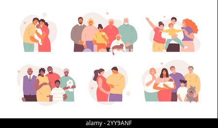 Glückliche Familien zusammen. Kinder und Eltern, Großeltern, Mom, Dad. Familientag. Liebe und unterstütze Vektorfiguren Stock Vektor