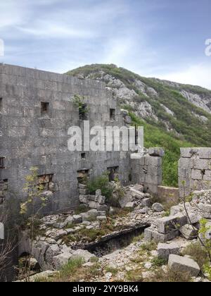 Ruinen einer Verteidigungsmauer des 9. Jahrhunderts Festung des österreichisch-ungarischen Reiches oder Festung unter Grkovac, Montenegro, Balkan Stockfoto