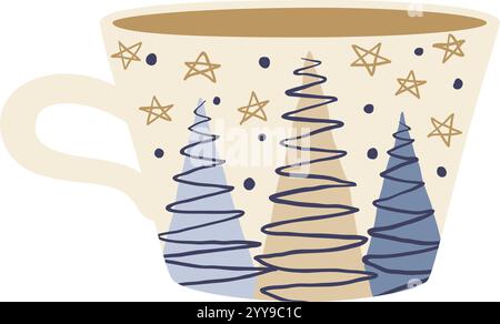 Beigefarbener Weihnachtsbecher mit stilisierten blauen und beigefarbenen Weihnachtsbäumen und goldenen Sternen, die Winterferien feiern, gemütlich und warm, perfekt für ein Heißgetränk Stock Vektor