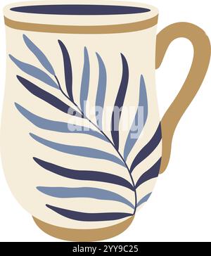 Trendige Keramikbecher mit minimalistischem blauem Blattdesign und goldenen Akzenten verleihen Ihrem täglichen Kaffee- oder Teeritual einen Hauch von Natur, perfekt für die Präsentation in modernen Küchen und gemütlichen Cafés Stock Vektor