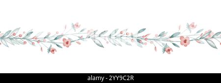 Botanische, nahtlose Borte in Aquarellfarben mit rosa Blumen, grünen Blättern und Beeren in sanften Pastelltönen. Illustration des Blumenschmucks für Weddi Stockfoto
