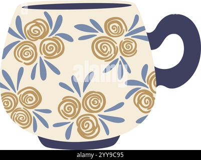 Gemütlicher und stilvoller Becher mit beigefarbenem Hintergrund und einem sich wiederholenden Muster aus blauen und goldenen Rosen und Blättern, akzentuiert durch einen dunkelblauen Griff, perfekt für warme Getränke Stock Vektor