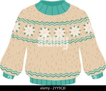 Weihnachtlicher Pullover mit herrlichem Schneeflockenmuster und leuchtenden türkisfarbenen Akzenten sorgt für Wärme und Komfort bei festlichen Winterfeiern und Feiertagen Stock Vektor
