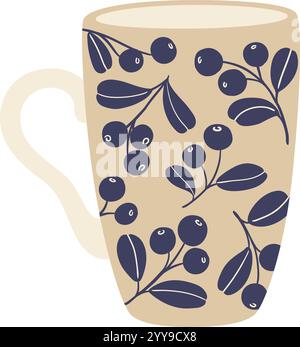 Ein beigefarbener Becher mit bezauberndem Blaubeermuster sorgt für gemütliche Herbststimmung, perfekt für ein warmes Getränk an einem frischen Herbsttag Stock Vektor