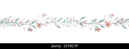 Botanische, nahtlose Borte in Aquarellfarben mit rosa Blumen, grünen Blättern und Beeren in sanften Pastelltönen. Illustration des Blumenschmucks für Weddi Stockfoto