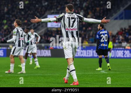 Mailand, Italien. Dezember 2024. Lorenzo Lucca von Udinese Calcio reagiert beim Coppa Italia 2024/25 Fußballspiel zwischen dem FC Internazionale und Udinese Calcio im San Siro Stadium Credit: Independent Photo Agency/Alamy Live News Stockfoto