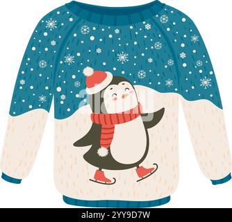 Blauer und beigefarbener Weihnachtspullover mit Schneeflocken und Schlittschuhlaufen-Pinguin mit Weihnachtsmann-Hut und rotem Schal, perfekt für Winterferien Stock Vektor