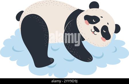 Niedlicher Panda, der auf einer Wolke liegt, Ruhe und Frieden genießt und eine herzerwärmende Szene schafft, die ideal für Illustrationen für Kinder ist, die Entspannung und Wohlbefinden fördern Stock Vektor