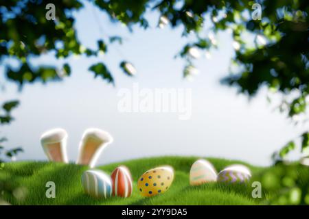 Bunte Ostereier auf grünem Gras mit einem verspielten Häschen hinter dem Laub. 3D-Rendering Stockfoto