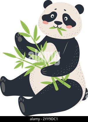 Entzückender Baby-Pandabär sitzt mit gekreuzten Beinen, hält und isst frische grüne Bambuszweige, isolierte Illustration auf weißem Hintergrund Stock Vektor