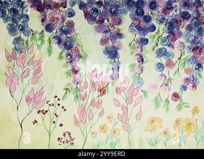 Garten mit hängenden Rosen und wunderschönen Blumen. Die Dabbing-Technik in der Nähe der Kanten sorgt aufgrund der veränderten Oberflächenrauhigkeit o für einen weichen Fokus Stockfoto