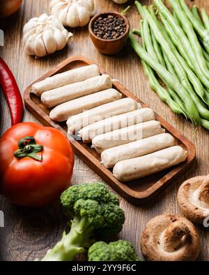Eine rustikale Anordnung von Rohwürsten mit frischem Bauerngemüse einschließlich Brokkoli, Tomaten, grünen Bohnen, Knoblauch, Pilzen, und Gewürze Stockfoto
